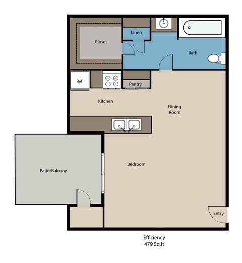 Floor plan for studio, 1 bath, 479 sqft